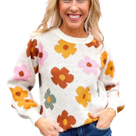 White Sweet Flower Knitted Ribbed Hem Sweater - Picture 6 of 13